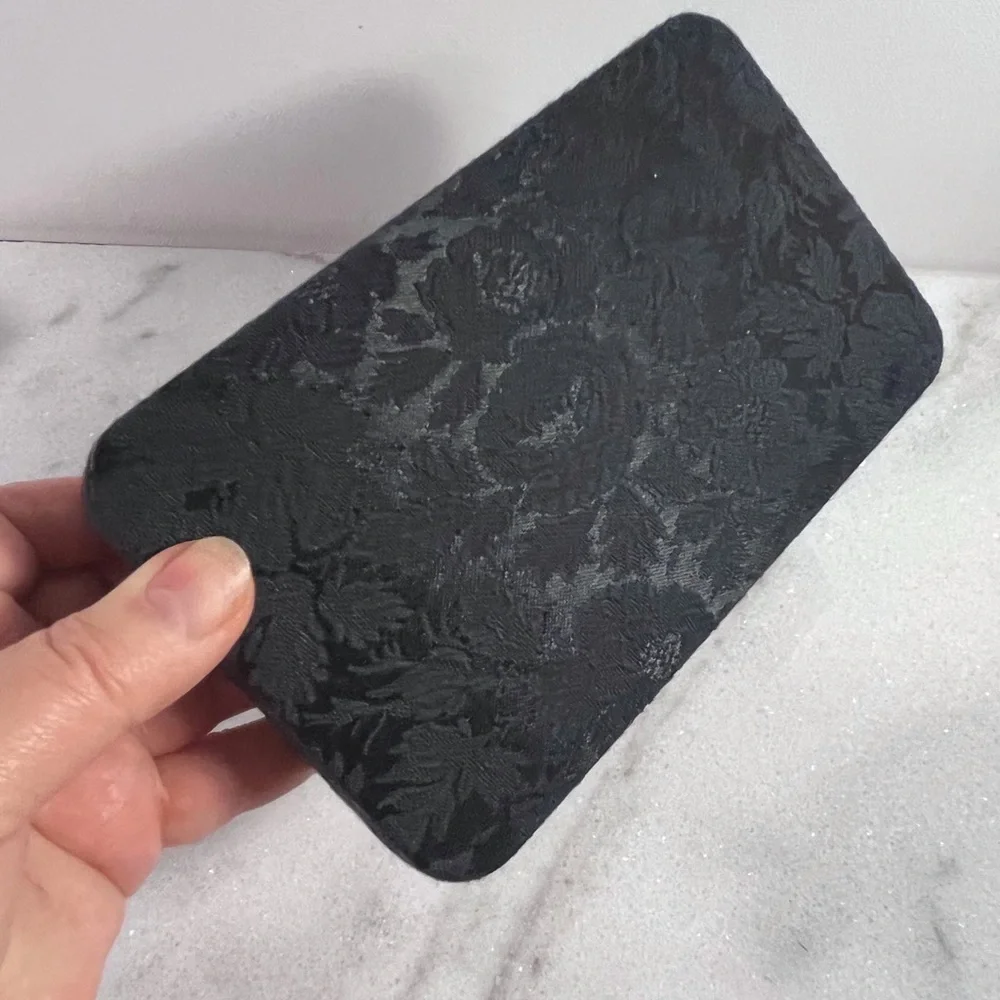 Vintage black floral fabric jewelry box, keepsake box